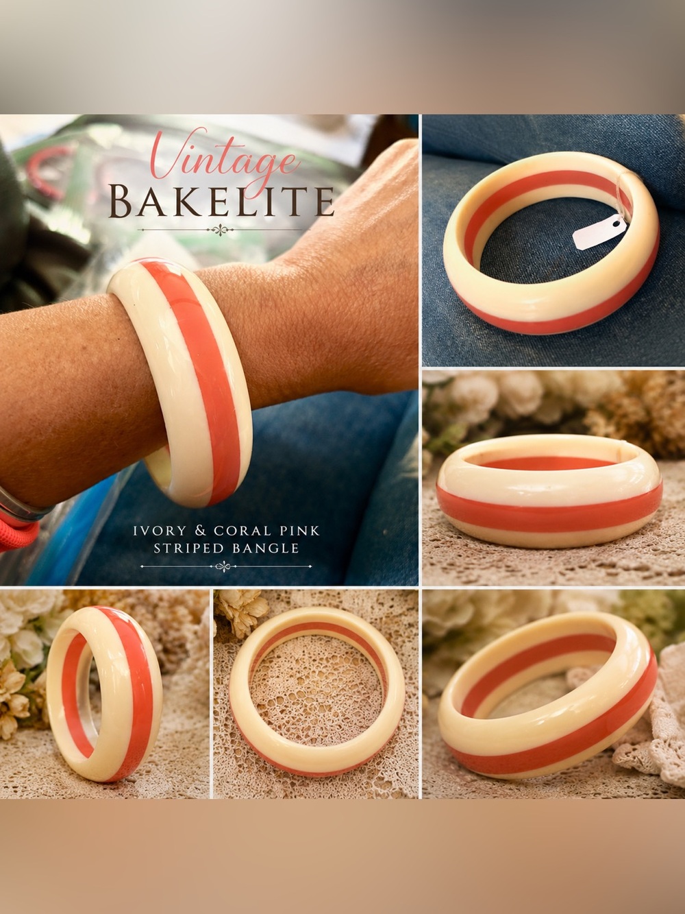 Vintage Ivory and Coral Pink Bakelite Bangle Bracelet